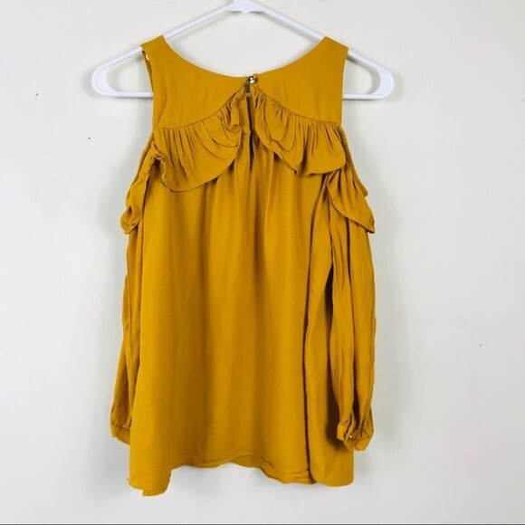 Anthropologie Maeve Brearly Open Shoulder Top Ruffle Blouse Yellow Boho 4 - Picture 6 of 13